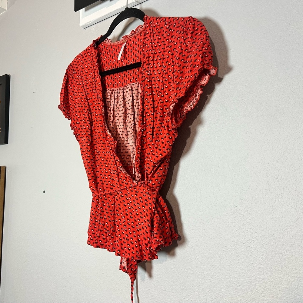 Free People Red Patterned Tie Blouse